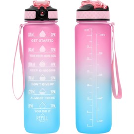Sports Water Bottle 1L / 32oz – BPA-Free, Leakproof with Straw & Time Marker, Motivational Bottle for Gym, Office, School, Outdoor, Cycling, Hiking
