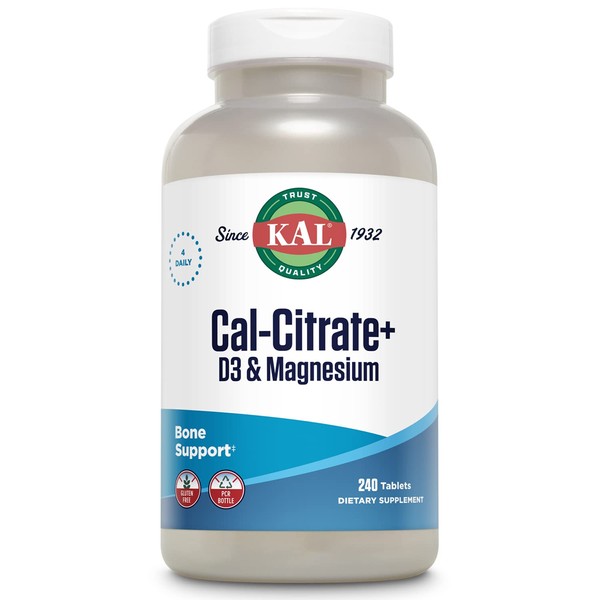 KAL Cal-Citrate+, Calcium Citrate Plus Vitamin D-3 and 500 mg of Magnesium, Healthy Bones and Teeth Support, Gluten Free and Lab Verified for Quality, 60 Servings, 240 Tablets