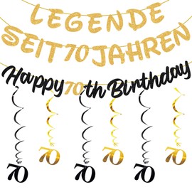 Decorative 70th Birthday Man Woman - 42 Pieces 70th Birthday Decoration Garland Black Gold Banner Decorations Spirals Hanging Decoration for Legend for 70 Years Party Accessories