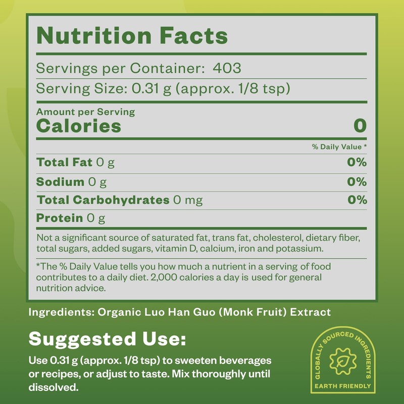 Organic Monk Fruit Sweetener, 125g (4.41oz), No Fillers Pure USDA
