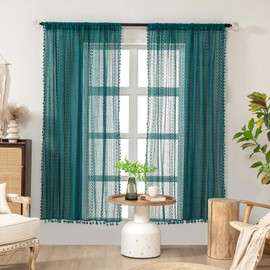 WAZZIO Teal Curtains for Bedroom Curtains Cotton Crochet Lace Curtains 63 Inch Length 2 Panels Rod Pocket Light Filtering Semi Sheer Curtains Turquoise Living Room Dining Room Curtains Lace Panel