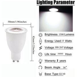 Bombillas LED GU10 de 15 W, equivalente a 150 W, 1500 lúmenes, luz blanca diurna 6000 K, bombillas LED para iluminación de pista empotrada, AC100-265 V, ángulo de haz de 38 °, no regulable, base GU10,