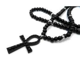 MAXBLING81 Black Egyptian Style Iced Ankh Cross Jewelry Pendant & 6mm 30" Wood Chain Hip Hop Necklace for Men, Women, Unisex (BLACK/SILVER CHAIN)