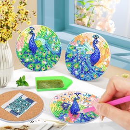 Bowetile 8PCS Diamond Art Painting Coasters Kit with Holder, Peacock Diamond Art Kits for Adults Beginners, Gem Art Kits for Adults, Arts and Crafts Kits for Adults for Home Decor