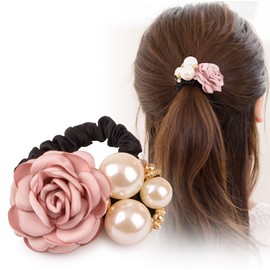 Lotterakka Hair Accessories, Flower Pattern, Pearl, Scrunchy, Large, See-Through, Adult, Stylish (Pink)