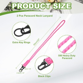 YELARXI Paracord Lanyard, 550 Keychain Lanyard Heavy Duty Necklace Keychains Braided Wrist Strap for Men Women Outdoor Activity Survival Keys Whistle Rope ID Badges (2 Pack, Pink)
