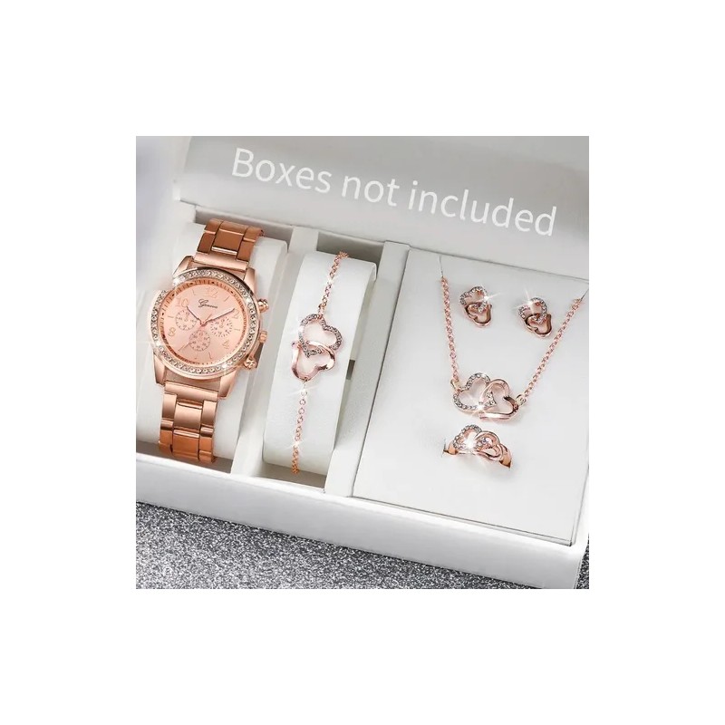 Set Regalo Mujer Reloj Collar Anillo Aretes Oro Rosa Rose