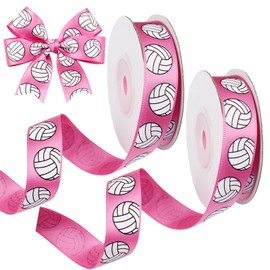 2 Rolls Volleyball Ribbon, 1.9cm/0.74 Inch Wide 16 Yard Pink and White Pattern Sports Satin Ribbon for DIY Hair Ties, Bows, Crafting, Wedding Gift Wrapping, Team Decor, Party (Pink)