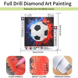 Football 5D DIY Diamond Art Painting Set, Rhinestone Diamond Painting Pictures, Diamond Embroidery Cross Stitch Painting Kits Painting by Numbers for Adults Children Gifts Home Decoration, 30 x 30 cm