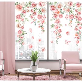 JarThenaAMCS 9 Sheets Spring Summer Floral Window Clings Hanging Pink Flower Vine Leaves Window Stickers Double-Sided Glass Decals for School Classroom Home Office Party Decoration