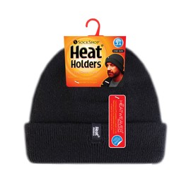 HEAT HOLDERS - Mens 3.6 tog Fleece Lined Thermal Turn Over Cuff Winter Beanie Hat 3 Colours (One Size, Black)