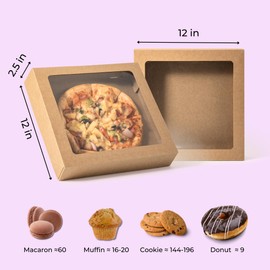 Fit Meal Prep [25 Pack Pie Boxes With Window 12x12x2.5 Kraft Pastry Boxes Auto-Popup Cardboard Gift Packaging for Cupcake, Cookies Treat Box for Party, Christmas, Valentines Day