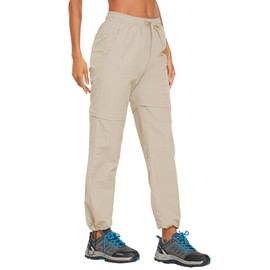 PINSPARK Women's Hiking Zip Off Pants Waterproof Convertible Shorts Lightweight for Camping Sweatpants with Pockets Beige L