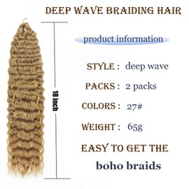 Ocean Wave Crochet Hair 18 Inch 2 Packs Deep Wave Curly Braiding Hair Extensions Synthetic Curly Crochet Hair For Black Women(18inch, 2pack, 27)