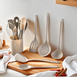 Silicone Kitchen Utensils Set - 15 Pieces Non Toxic Silicone Utensils Set For Cooking，428°F Heat Resistant Food Grade Kitchen Tools，Dishwasher Safe(Khaki, 15 Piece Set)