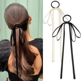 AOREAS 2PCS Silky Satin Tassel Ribbon Bow Ties - Long Tail Bowknot Bands, Stretchy Ponytail Holders for Women, Girls, Teens (Beige+Black)