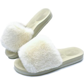 COFACE Womens Slippers with Arch Support for Plantar Fasciitis Relief Open Toe Faux Fur Orthopedic Orthotic Ladies Slippers Slip On Sliders Size 5 white