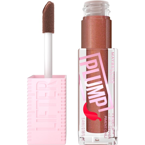 MAYBELLINE Lifter Gloss Lifter Plump, Plumping Lip Gloss with Chili Pepper and 5% Maxi-Lip, Cocoa Zing, Sheer Cool Brown, 1 Count