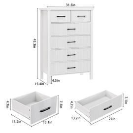 Jocoevol Fluted 6 Drawers Dresser for Bedroom, Tall Modern Chest of Drawers with Metal Handle, Wooden Closet Clothes Storage Organizer for Living Room, Hallway (White)