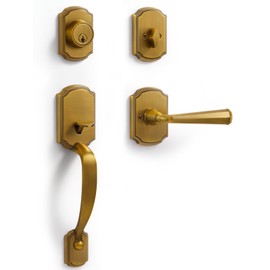 SORWDUERM 1 Pack Antique Brass Front Door Handle and Deadbolt Set Reversible Lever Entry Handleset with Lock and Key Single Cylinder