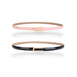Women's Belt Fashion Elegant Skinny Patent Leather Belts Genuine Leather Waistband Slim Waist Belt Gold Alloy Buckle, 2-Pack, Black & Peach-Pink, For Waist 30"- 36", Women Size M-L, 6-8