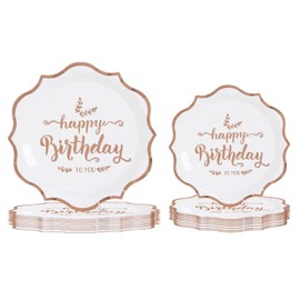 Set 20 Platos de Papel Elegantes Blanco Oro - 10x9'' +10x7'' con Feliz Cumpleaños en Inglés - Vajilla Premium para fiestas de cumpleaños y celebraciones, etc.