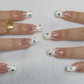 BABALAL French Tip Press on Nails Long Square Fake Nails White Glue on Nails Colorful Rhinestone Cute Design Acrylic Nails 24Pcs Squoval False Nails