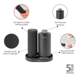 Brabantia - SinkStyle Soap Dispenser Set with 2 Stylish Dispensers for Hand and Dish Soap, Textured Tray, and Soap Squeezer – Mineral Infinite Grey, 2 x 200 ml