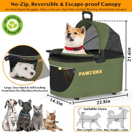 PAWZIDEA Portable Dog Crate for Car Travel, Safety Pet Carrier with Reversible No-Zip Canopy, Seatbelt Dog Car Seat Enclosed Metal Frame, Soft-Sided Collapsible Kennel for Small/Medium Dogs & Cats