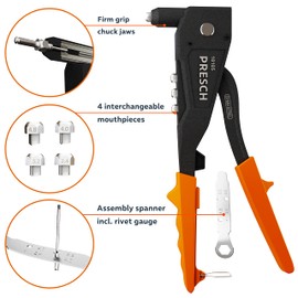 Presch Rivet Gun - Robust Professional Riveter Rivet Gun - Riveting Tool with an Ergonomic Handle for Blind Rivets - Steel Ø 2.4, 3.2, 4.0 mm and Aluminium-Steel up to 4.8 mm
