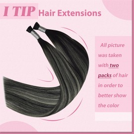 YoungSee I Tip Hair Extensions Human Hair Ombre Black 16 Inch Itip Extensions Real Human Hair Black Balayage with Silver Real Hair Extensions for Women Pre Bonded Hair Extensions 80s/50g