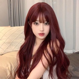 Sizuuenn Women's Long Hair, Curly Hassan, Bangs, Burgundy Wig, Crimson Rose, Heat Resistant Wig, High Temperature Hair Yarn, Cosplay Wig, Dedicated Net Events, School Festivals, Cultural Festivals, Photography, Disguise