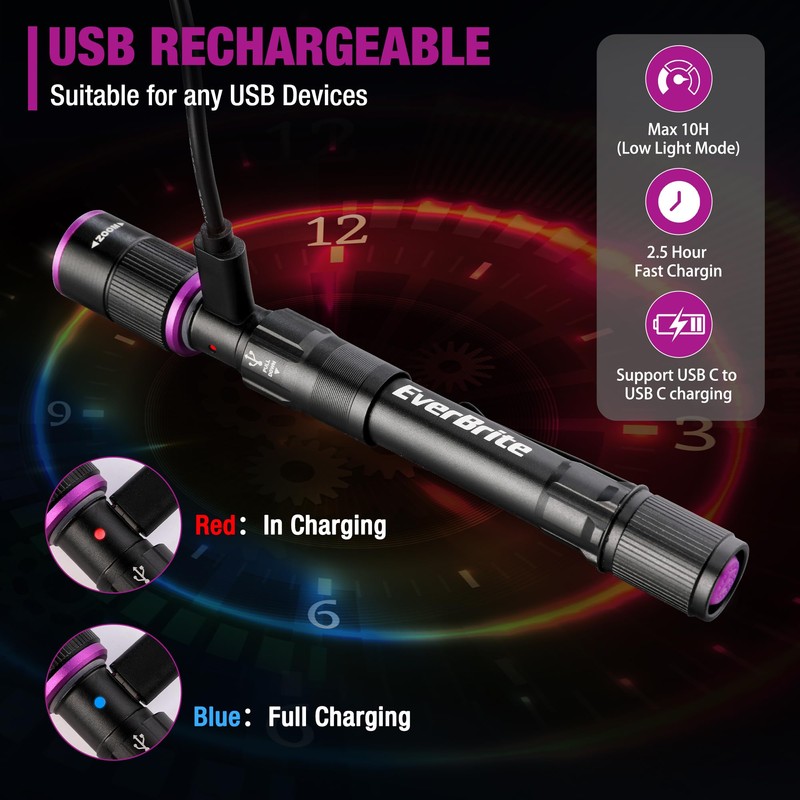 EverBrite Rechargeable Pen Flashlight with UV Light and White Light,