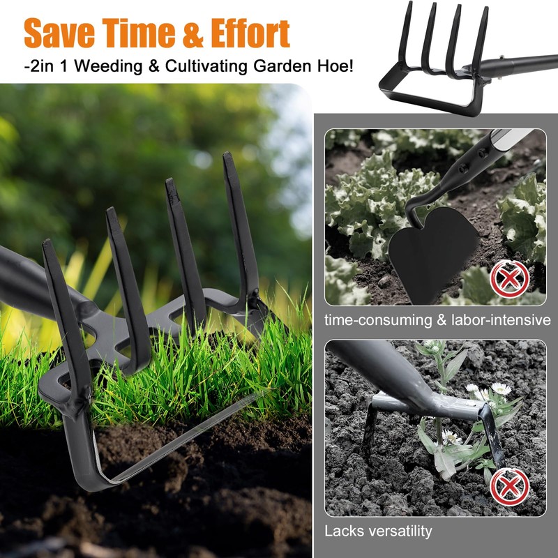 Garden Hoe, 2-in-1 Stirrup Action Hoe with 4-Tine Cultivator Rake,