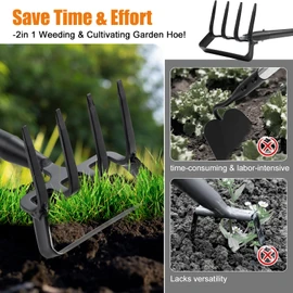 Garden Hoe, 2-in-1 Stirrup Action Hoe with 4-Tine Cultivator Rake, 74 Inch Long Handle Scuffle Weeder Hoe Weeding Tool for Fast Weeding, Soil Loosening, Aerating and Compost Mixing