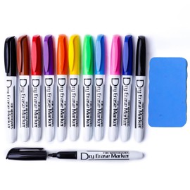 Volcanics Whiteboard Pens Fine Tip Assorted Colours Including 3 Black, 12 Pack Dry Erase Markers with Caps & Magnetic Whiteboard Eraser, Low Odour Ink for School, Office & Home