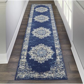Nourison Home Grafix Traditional Navy Blue 2'3" x 10' Area -Rug, Easy Clean, Non Shedding, Bed Room, Living Room, Dining Room, Kitchen (2x10)