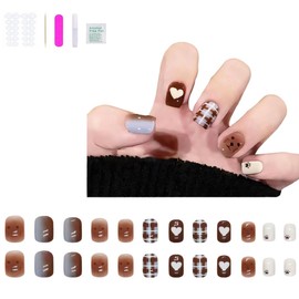 24-Piece Gel Press On Nails Set - with Nail Glue Adhesive Tabs Nail File and Manicure Stick - French Short Fake Nail. Quick Application for Stylish Home Manicure Reusable.