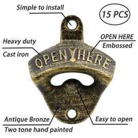 Luwanburg 15 PCS Vintage Wall Mounted Bottle Opener Bulk Cast Iron Beer Drink Cap Opener Post Mounted Antique Bronze for Wooden DIY Cooler