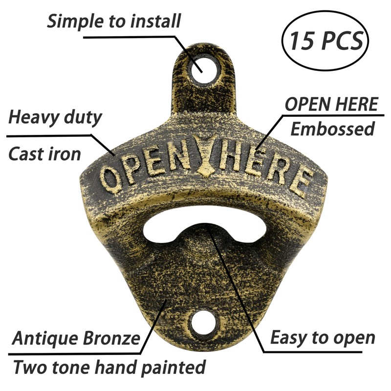 Luwanburg 15 PCS Vintage Wall Mounted Bottle Opener Bulk Cast