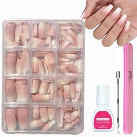 False Nails Kit with Glue, 240Pcs Natural Gradient Pink Fake Nails, Acrylic Coffin Press on Nails Pink Tips, 12 Sizes Glossy Full Cover Stick on Nails for Women Girls
