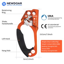 NewDoar Left Hand Ascender Rock Climbing Tree Arborist Rappelling Gear Equipment CE Certified Rope Clamp for 8~12MM Rope(Left Orange)