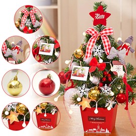 Christmas Tree Mini Artificial Xmas Tree Decoration with Christmas Ball Bow Ornament, 50cm Tabletop Christmas Tree for New Year Gift Home Office Desktop Decor Party (Style D)