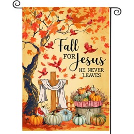 HAONEFECT Fall for Jesus He Never Leaves Garden Flag, Pumpkin Flag Thanksgiving Garden Flag Pumpkins Yard Flag, Fall Decorations Garden Flag 12x18 Double Side