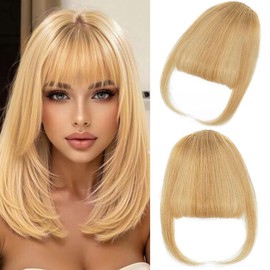 Clip in Bangs, 100% Real Human Hair Wispy Fake Bangs Hair Clip for Women Ash Blonde Natural Curtain Fringe with Temples Hairpieces for Daily Wear (Wispy, Ash Blonde)