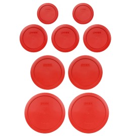 Pyrex (2) 7202-PC 1-Cup, (3) 7200-PC 2-Cup, (2) 7201-PC 4-Cup, & (2) 7402-PC 6/7-Cup Poppy Red Food Storage Replacement Lids - Made in USA