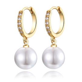 Pearl Dangle Earrings for Women, Sterling Silver Pearl Drop Hoop Earrings, Hypoallergenic Round Pearl Gold Hoop Earrings with AAA+ Cubic Zirconias | Jewellery Gifts for Birthday Weeding