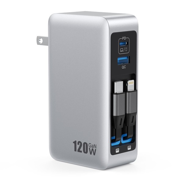 FOCHEW 120W USB C Charger Block with 2 Built-in Retractable