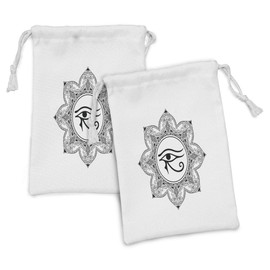 Lunarable Egyptian Print Fabric Pouch Set of 2, Circular and Floral Antique Pattern of Mandala Eye, Small Drawstring Bag for Toiletries Masks and Favors, 9" x 6", White and Black