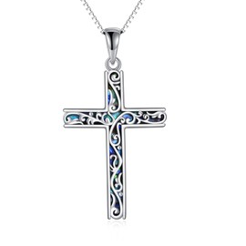 LUHE Cross Necklace for Women Sterling Silver Abalone Nordic Filigree Religious Cross Pendant Necklace Jewelry Christmas Gifts